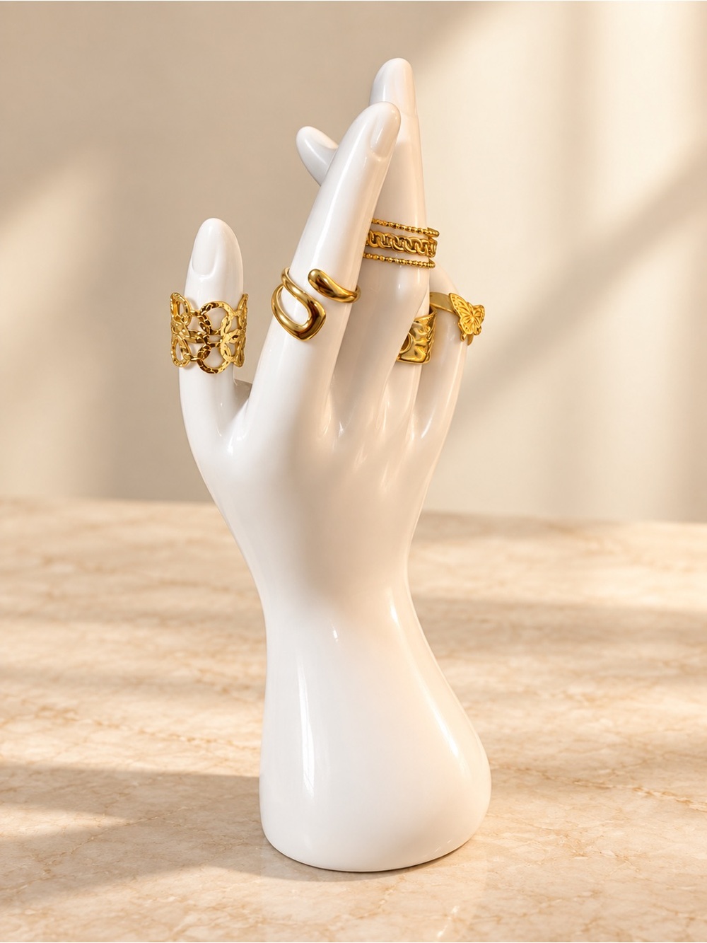 Gold Butterfly & Mix-Texture Stackable Ring Set - Gold - Picture 4 of 4